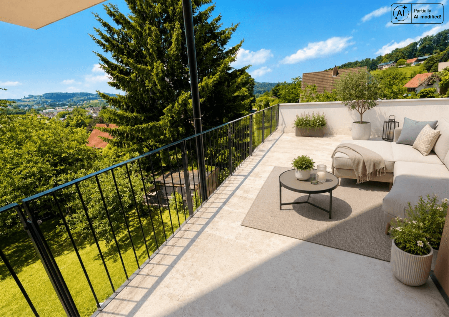 Moderne Dachterrasse mit Lounge-Möbeln und Panoramablick über die Landschaft.
