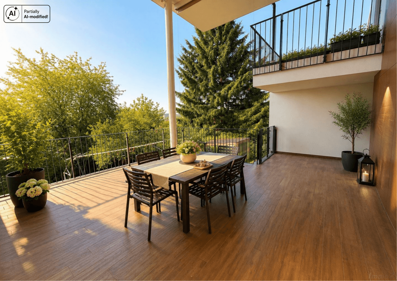 Helle Terrasse mit Esstisch, Pflanzen und Blick auf die umliegende Natur.