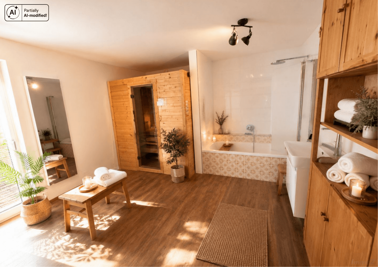 Geräumiges Badezimmer mit Sauna, Badewanne und direktem Zugang zur Terrasse.