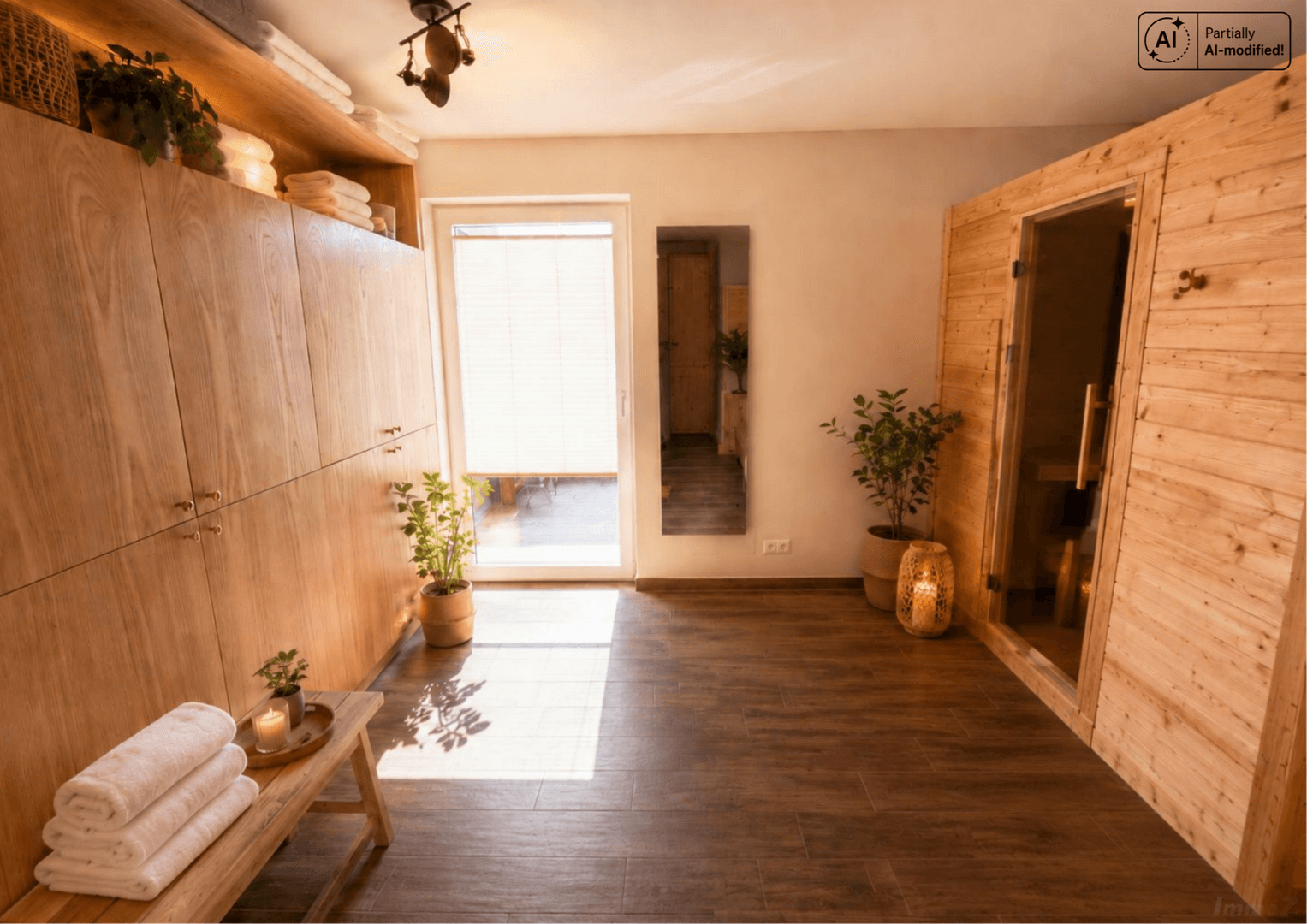 Entspannender Wellnessbereich mit Sauna, viel Stauraum und Zugang nach draußen.