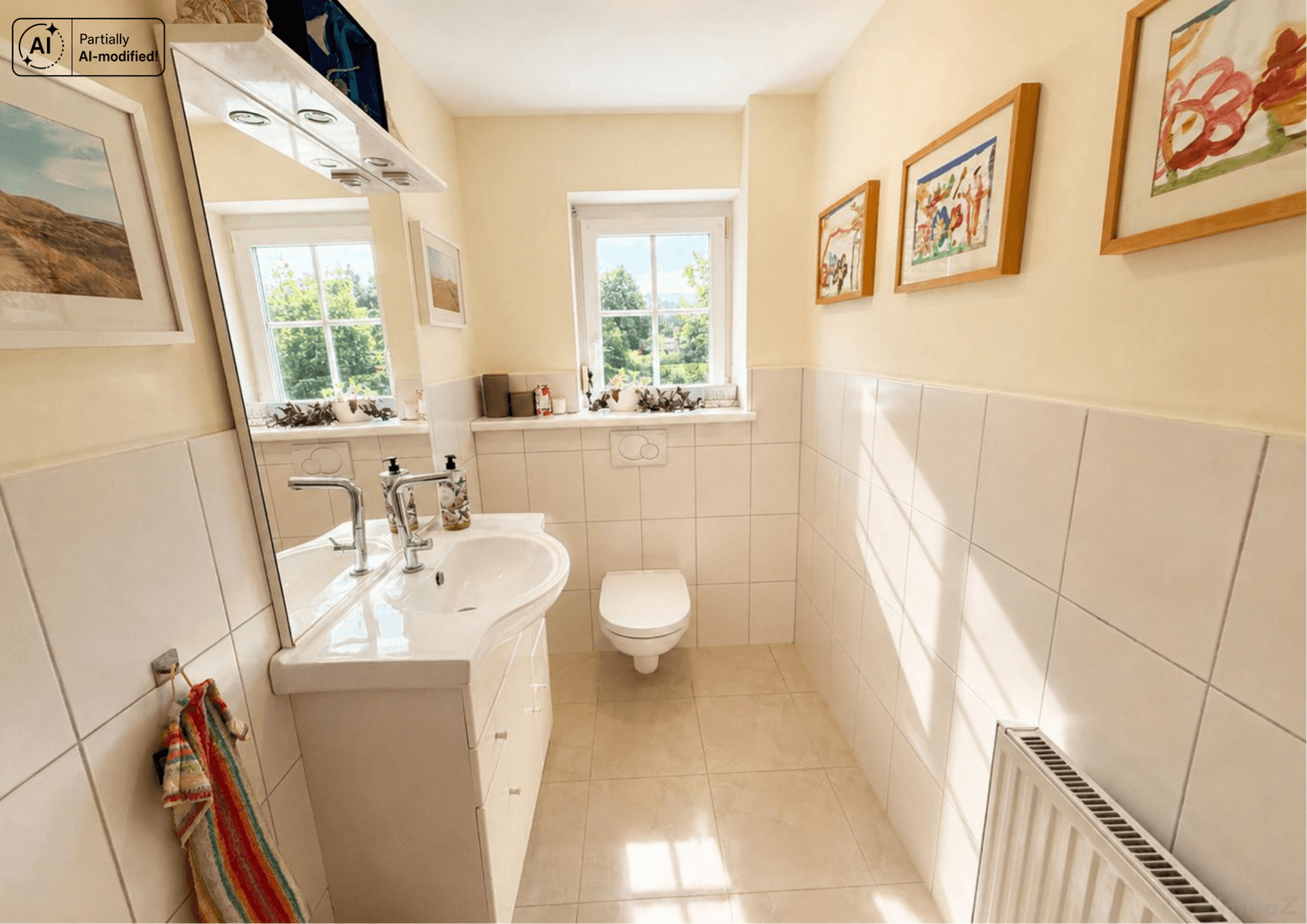 Helles Gäste-WC mit Fenster, modernem Waschbecken und Wand-WC.