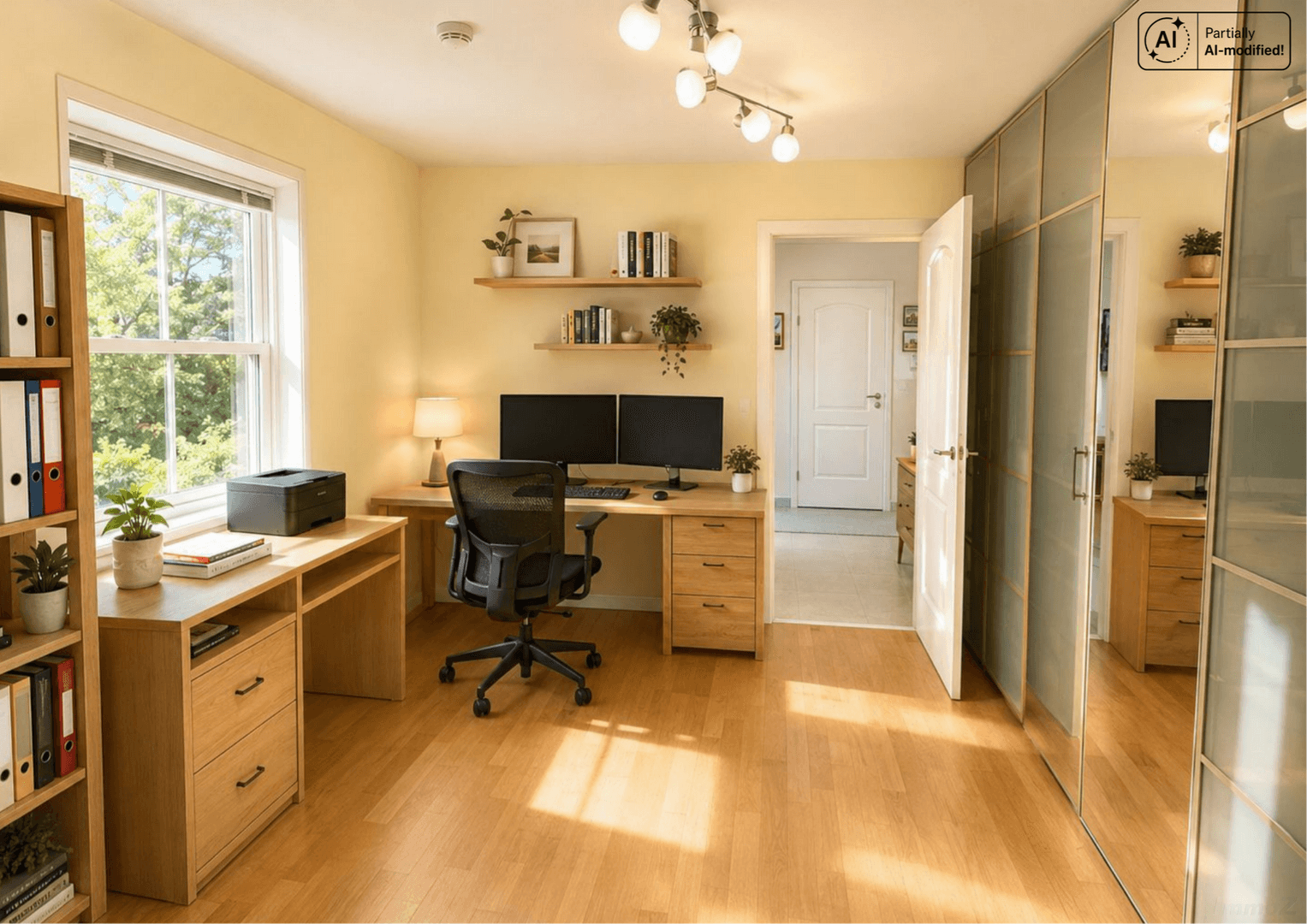 Geräumiges Arbeitszimmer mit zwei Monitoren, Holzmöbeln und viel Tageslicht.