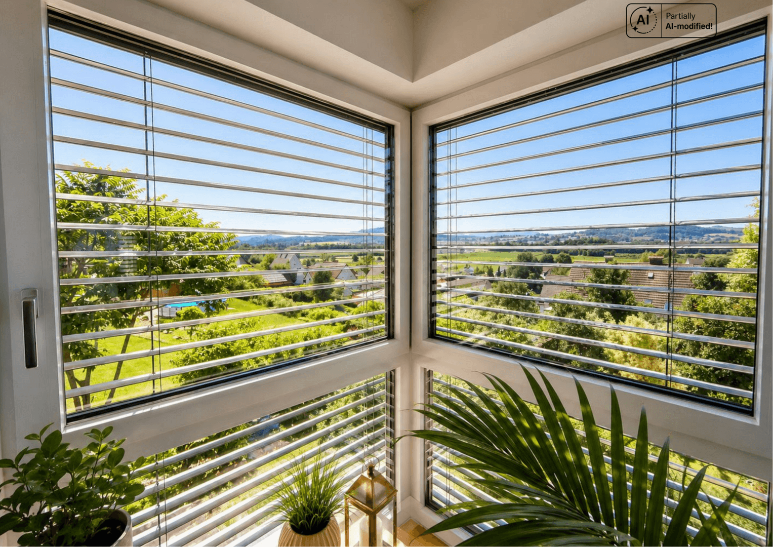 Große Eckfenster bieten einen weiten Blick über die grüne Landschaft.