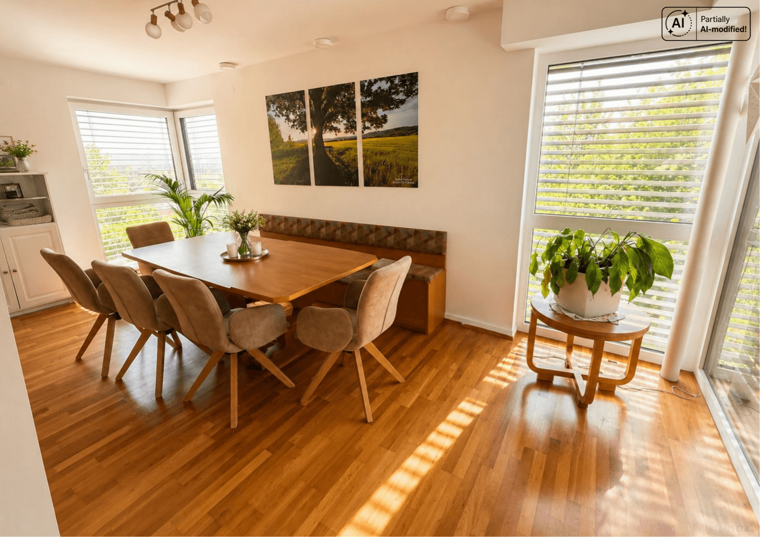 Großzügiger Essbereich mit Holztisch, Sitzbank und großen Fenstern mit Weitblick.