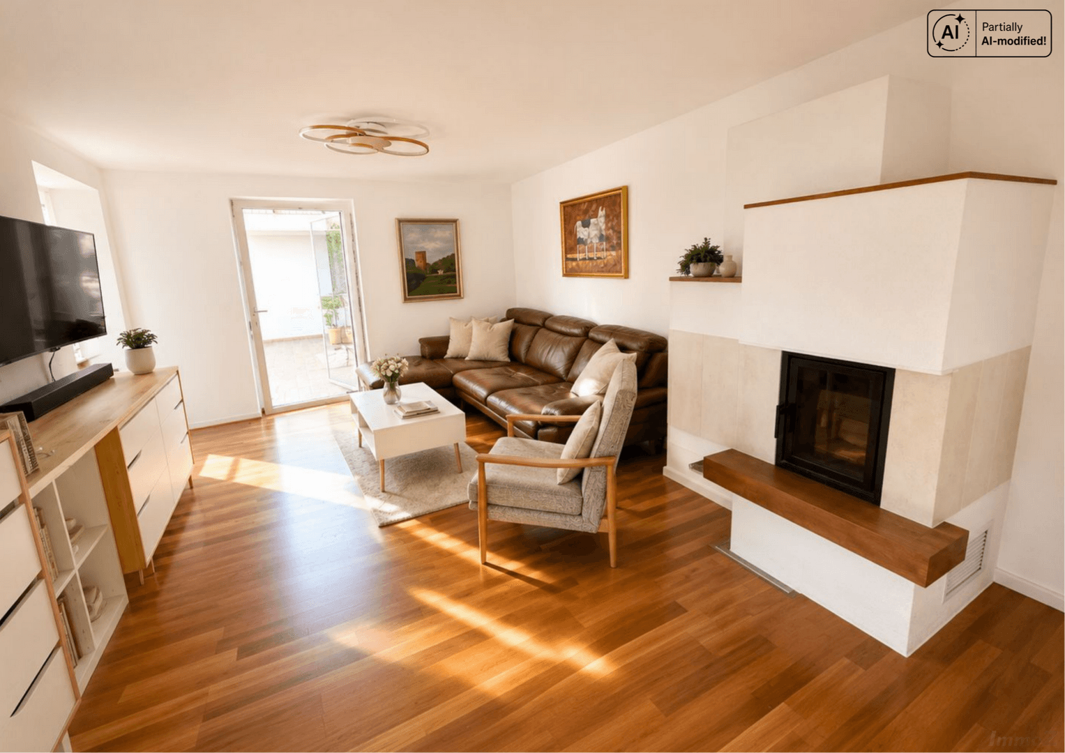 Gemütliches Wohnzimmer mit Kamin, Ledersofa und direktem Zugang zur Terrasse.
