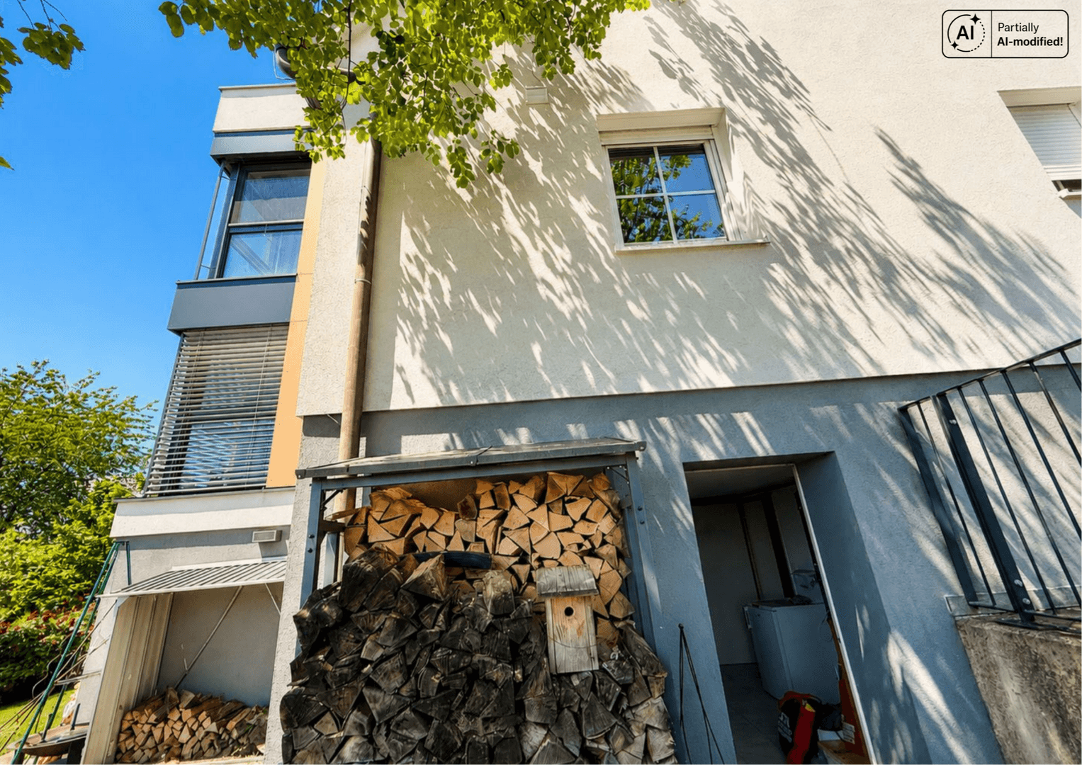 Außenansicht des Gebäudes mit Holzstapel und Zugang zum Untergeschoss.