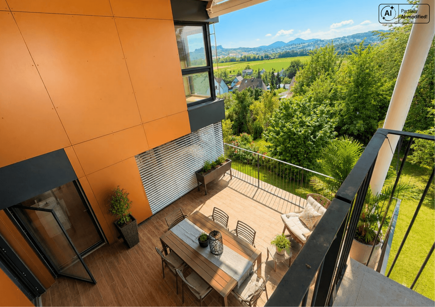 Großzügige Terrasse mit Esstisch und weitem Blick ins Grüne und auf die Berge.