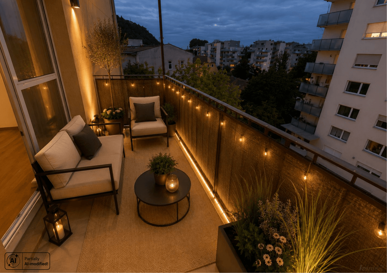 Gemütlicher Balkon mit Lichterkette, Pflanzen und Blick auf die Stadt bei Dämmerung.