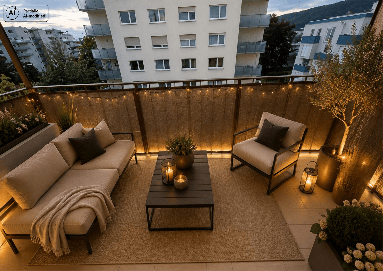 Stilvoller Balkon am Abend mit bequemen Sitzmöbeln, Dekoration und Stadtblick.