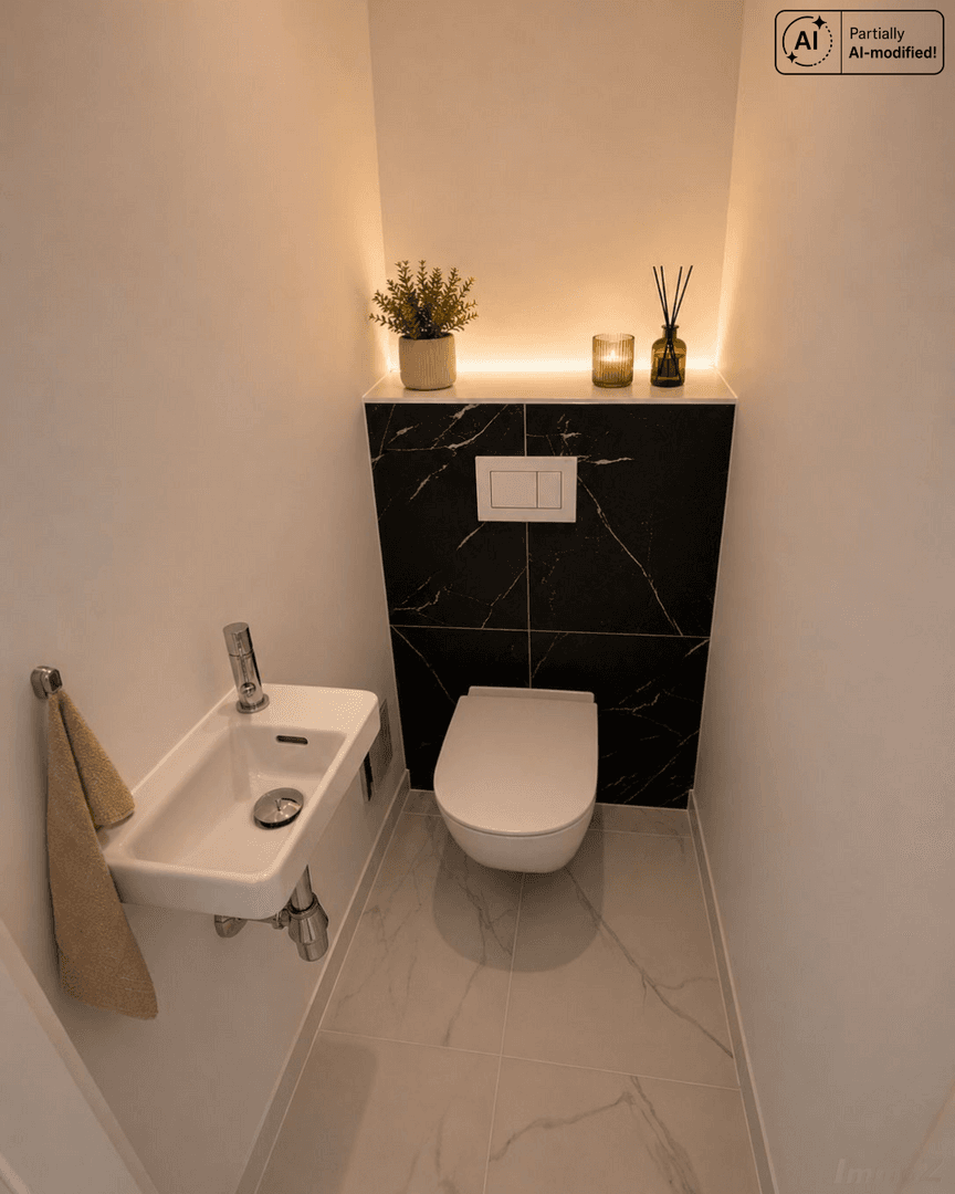 Modernes Gäste-WC mit Wand-WC, kleinem Waschbecken und dunklen Akzentfliesen.