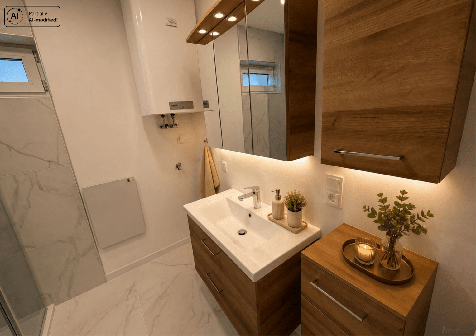 Modernes Badezimmer mit Marmorfliesen, Holzunterschrank und beleuchtetem Spiegelschrank.
