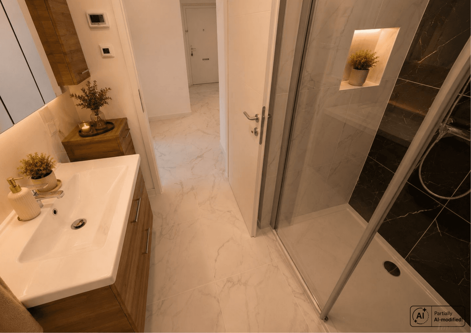 Modernes Badezimmer mit Marmorfliesen, Waschtisch und begehbarer Dusche.