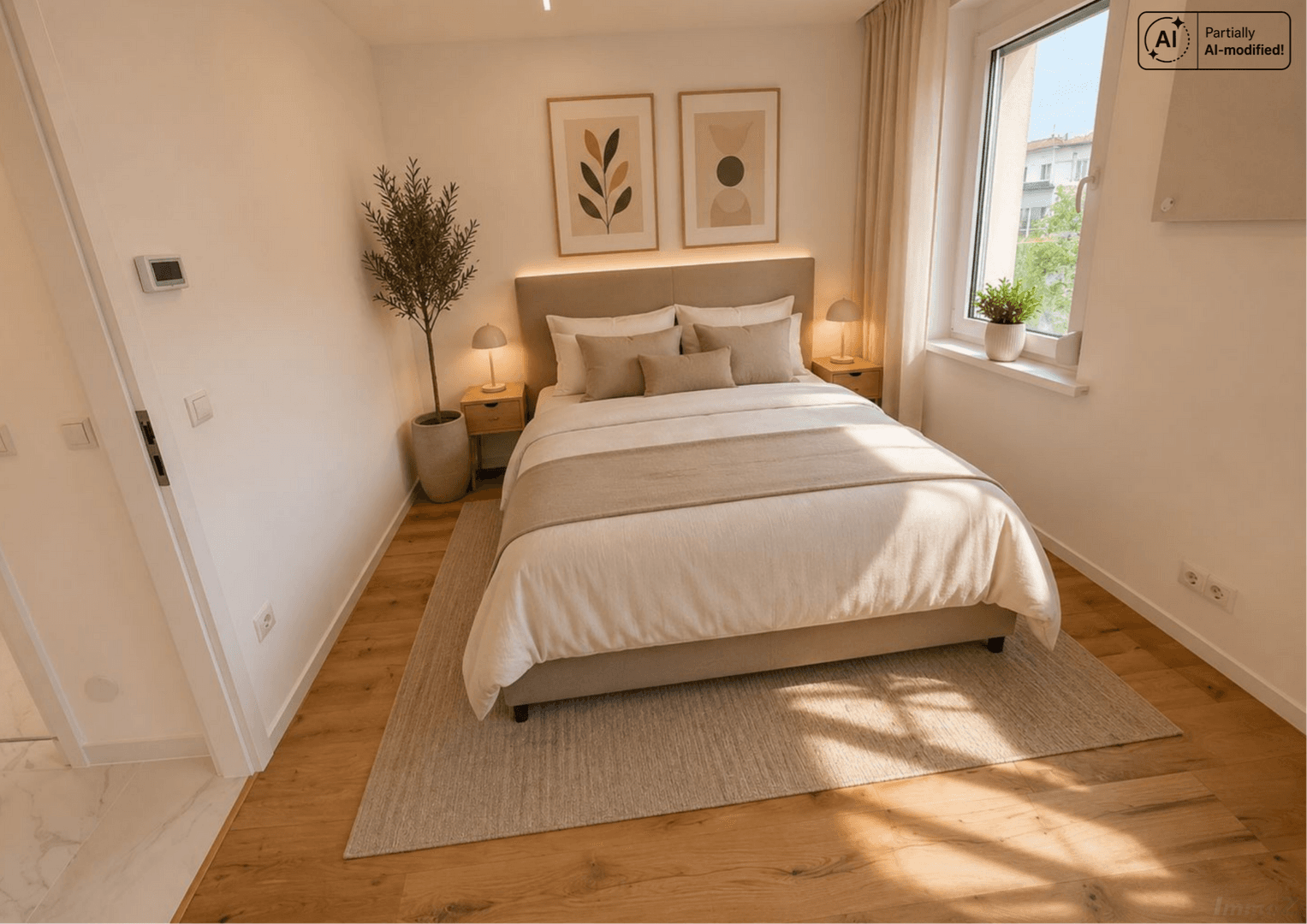 Lichtdurchflutetes Schlafzimmer mit Holzboden, Doppelbett und Blick ins Grüne.