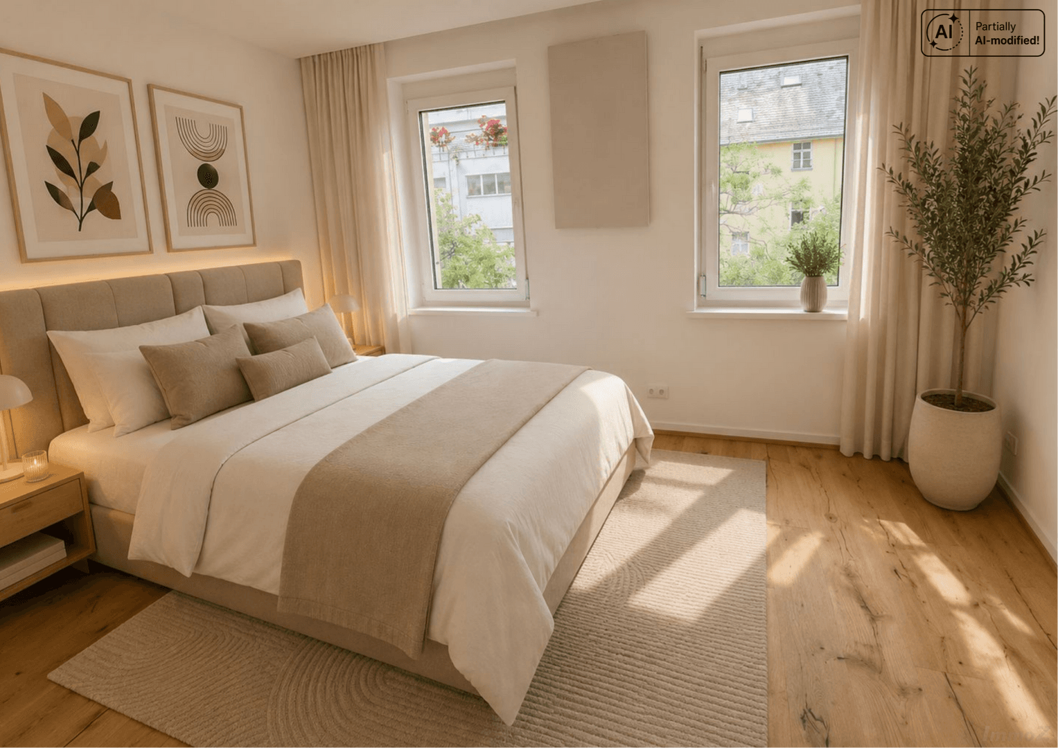 Helles Schlafzimmer mit Holzboden, bequemen Bett und zwei Fenstern mit Blick nach draußen.