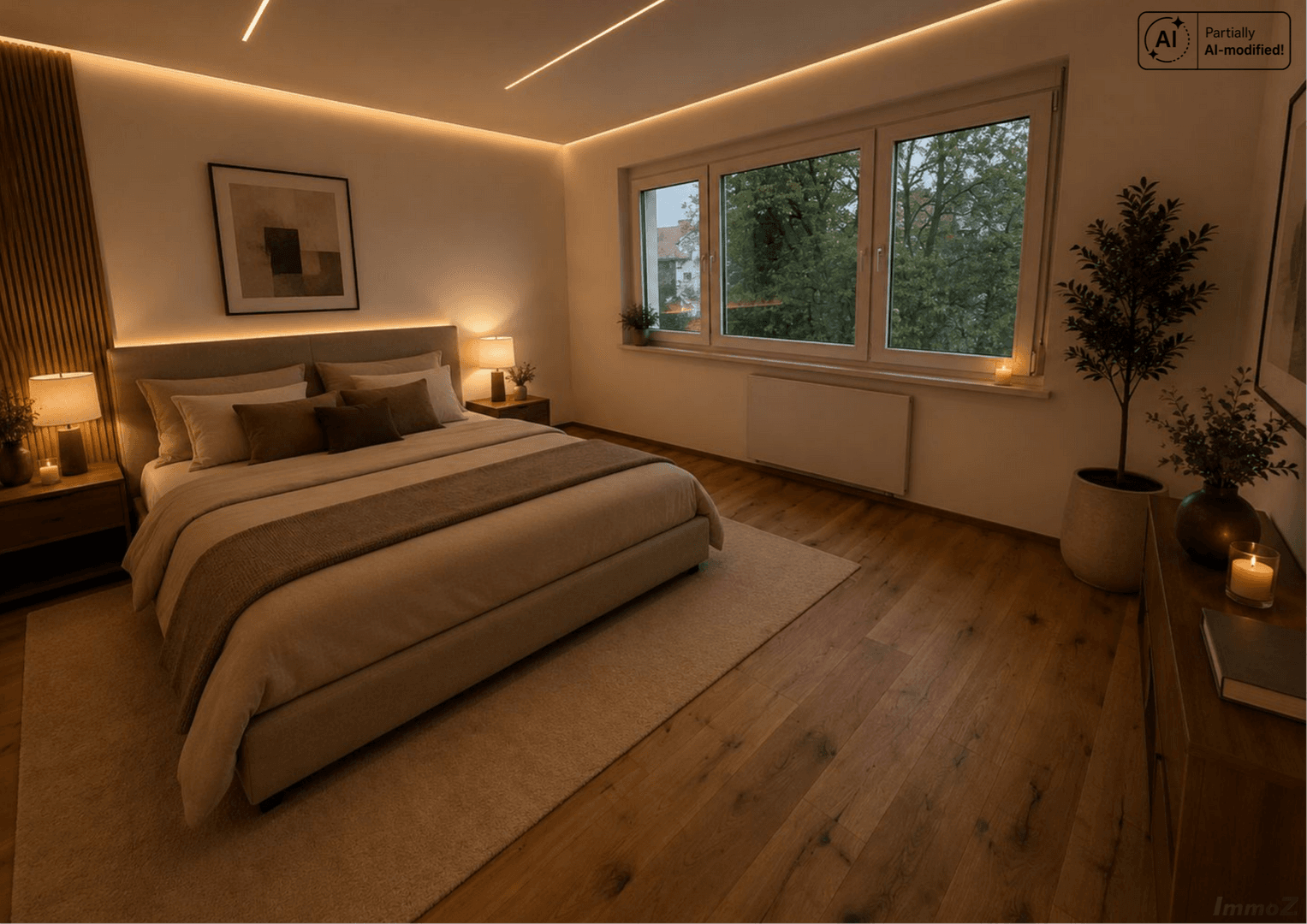 Modernes Schlafzimmer mit Holzboden, großem Fenster und Blick ins Grüne.