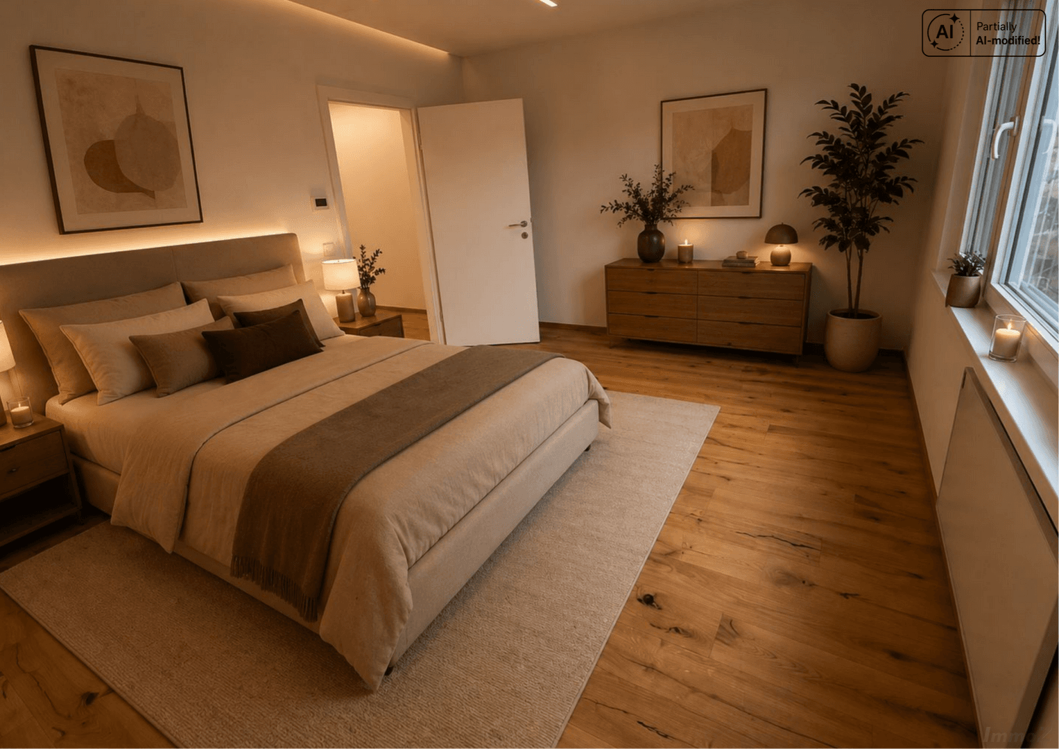 Gemütliches Schlafzimmer mit Holzboden, großem Bett und indirekter Beleuchtung.