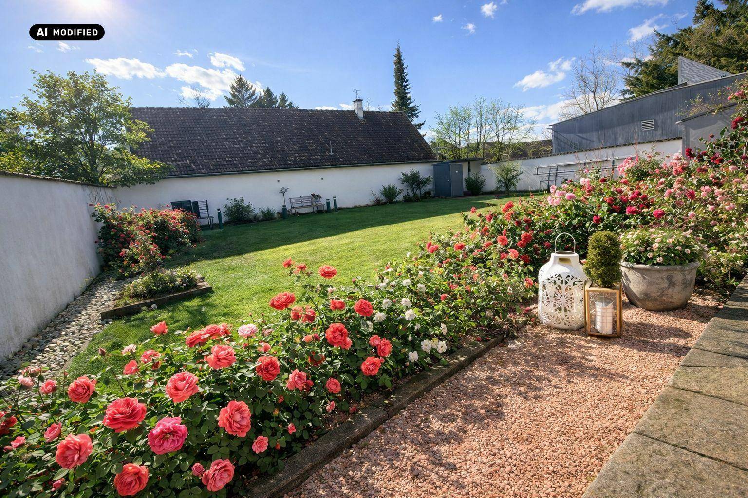 Gepflegter Rosengarten mit weitläufiger Rasenfläche und dekorativen Gartenlaternen im Sonnenschein.