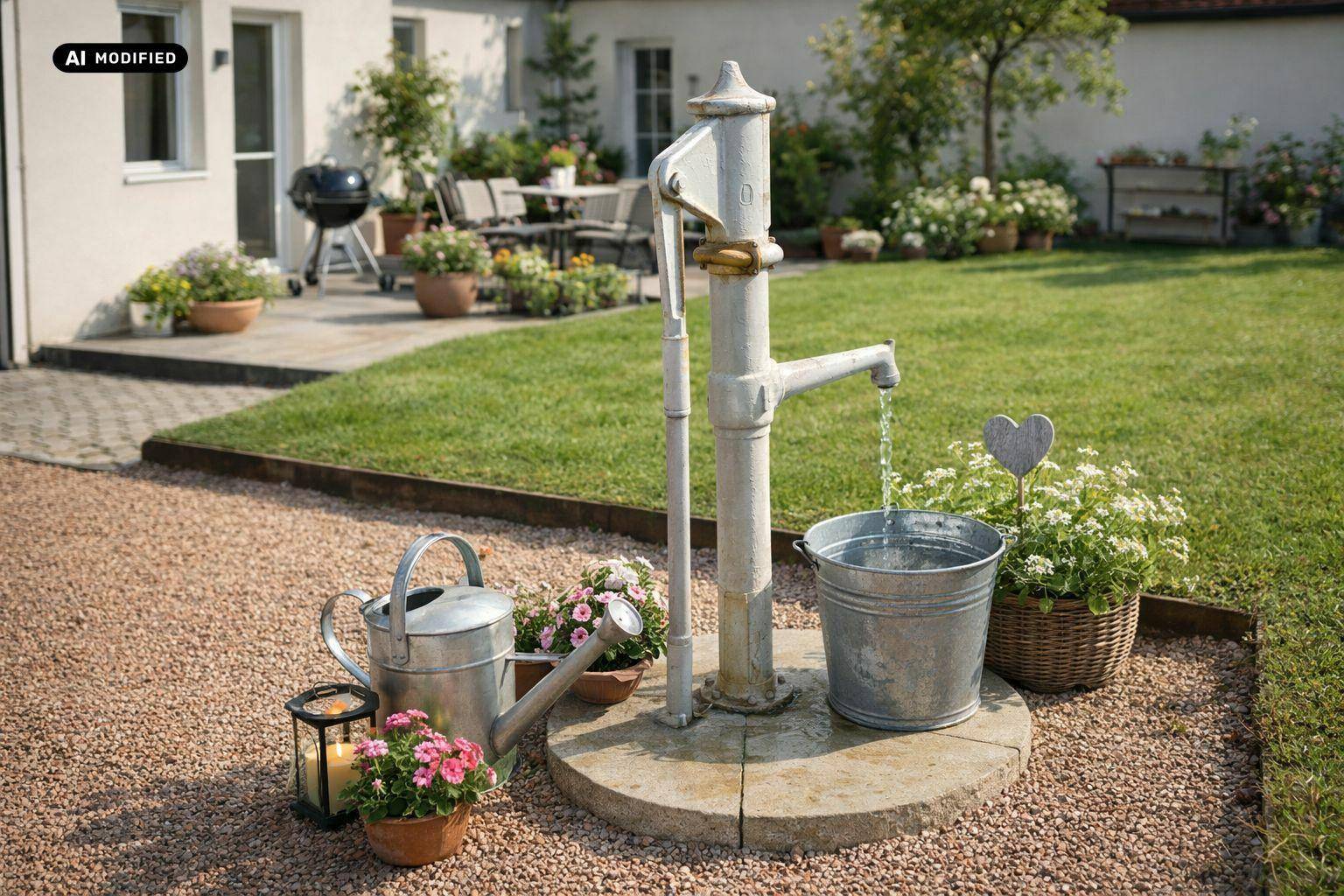 Idyllischer Gartenbereich mit alter Wasserpumpe, Kiesweg und Sitzgelegenheiten im Hintergrund.