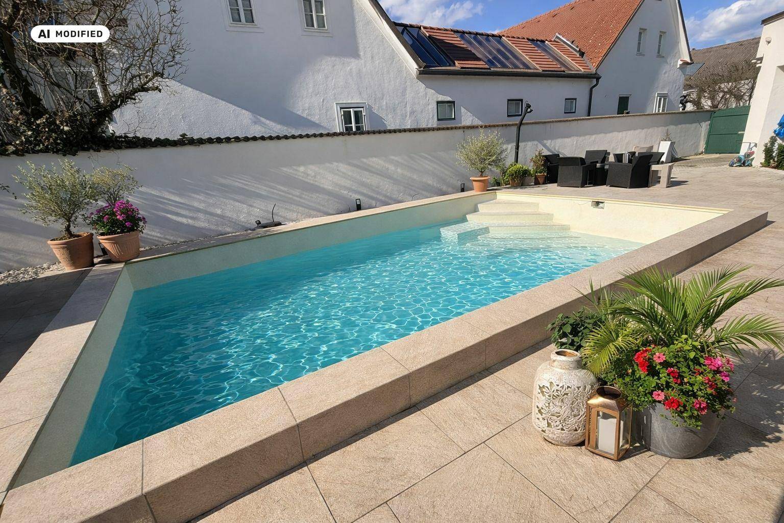 Moderner Poolbereich mit gefliester Terrasse und mediterranen Pflanzen unter blauem Himmel.
