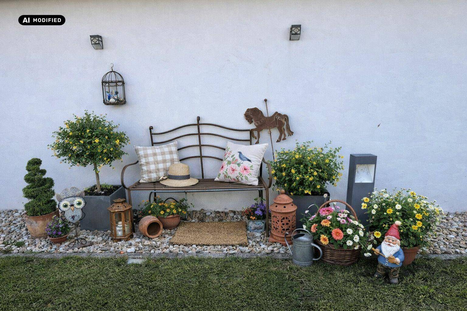 Dekorative Gartenecke mit Sitzbank, Topfpflanzen und verspielten Accessoires an einer weißen Wand.