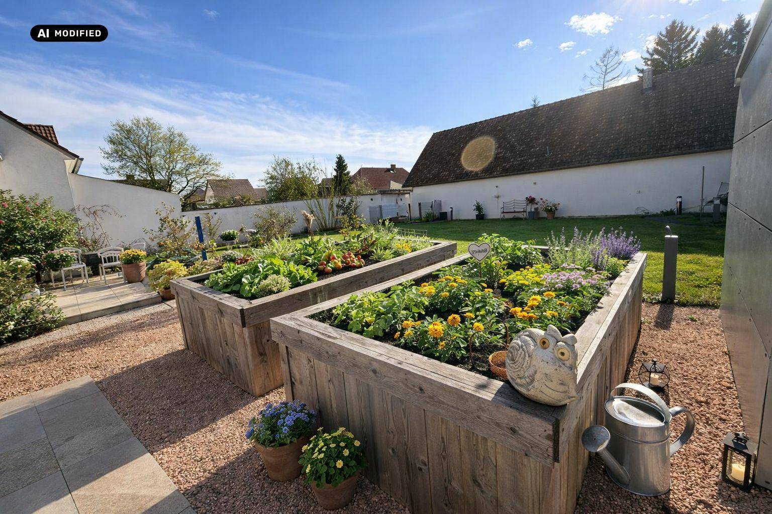 Sonnige Gartenecke mit Hochbeeten für Gemüse und Blumen, umgeben von Kies und Grünflächen.