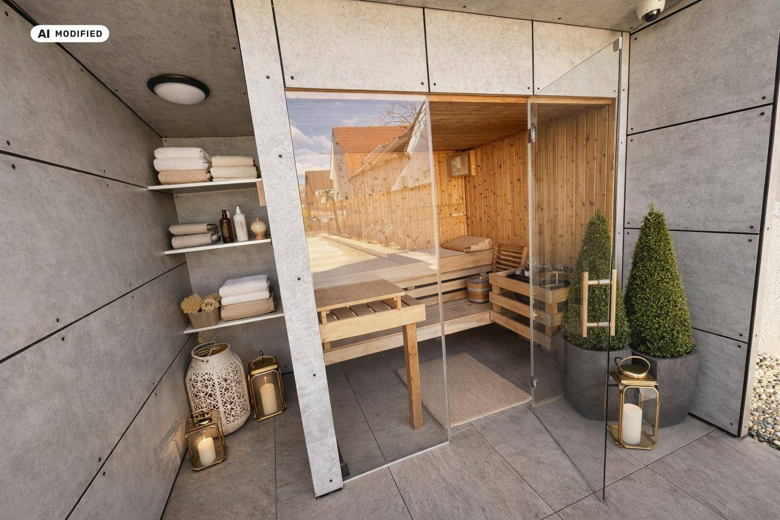 Moderner Wellnessbereich mit einer Holzsauna, Ablagen und dekorativen Pflanzen.