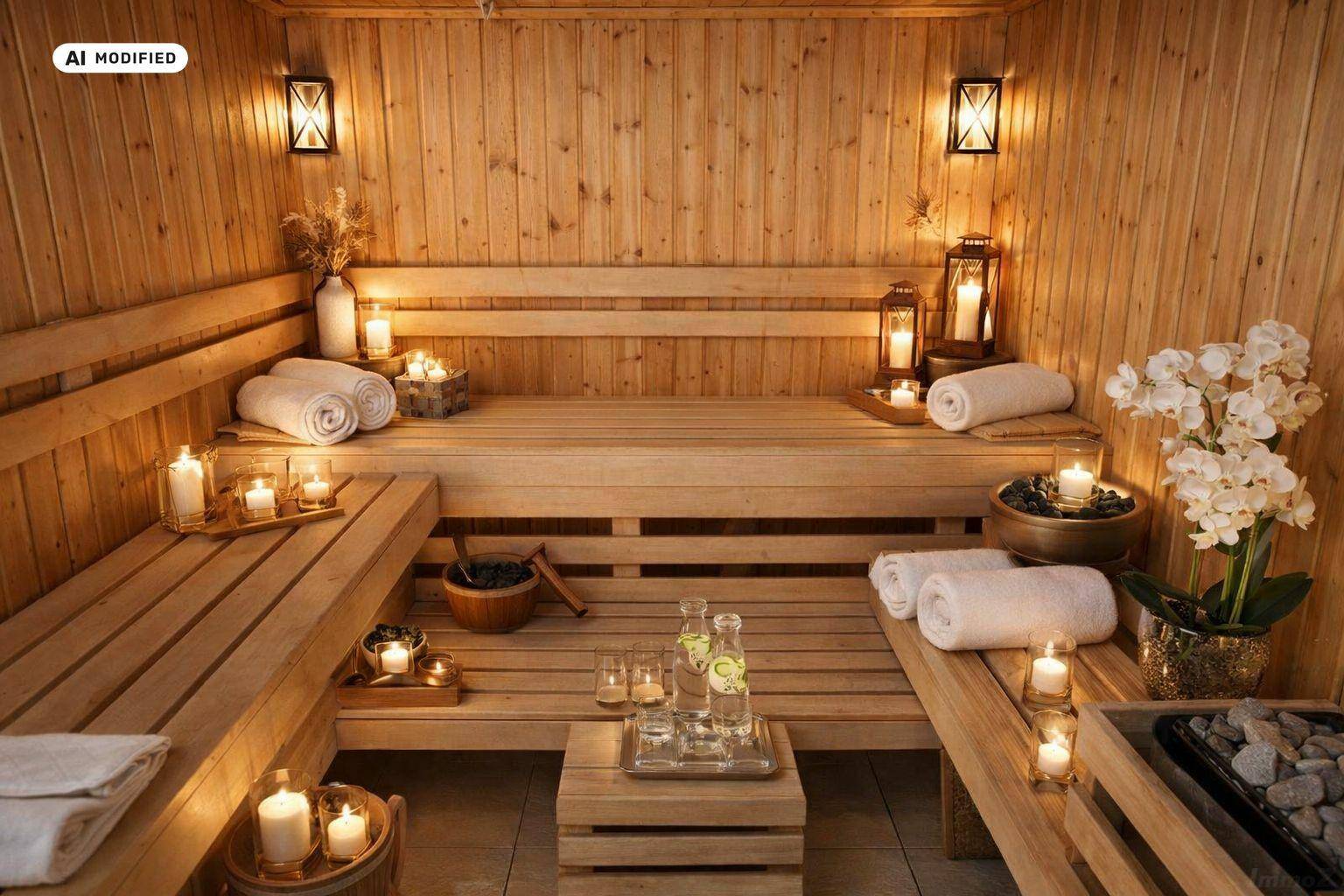 Gemütliche Sauna mit Holzbänken und stimmungsvoller Beleuchtung für entspannende Momente.