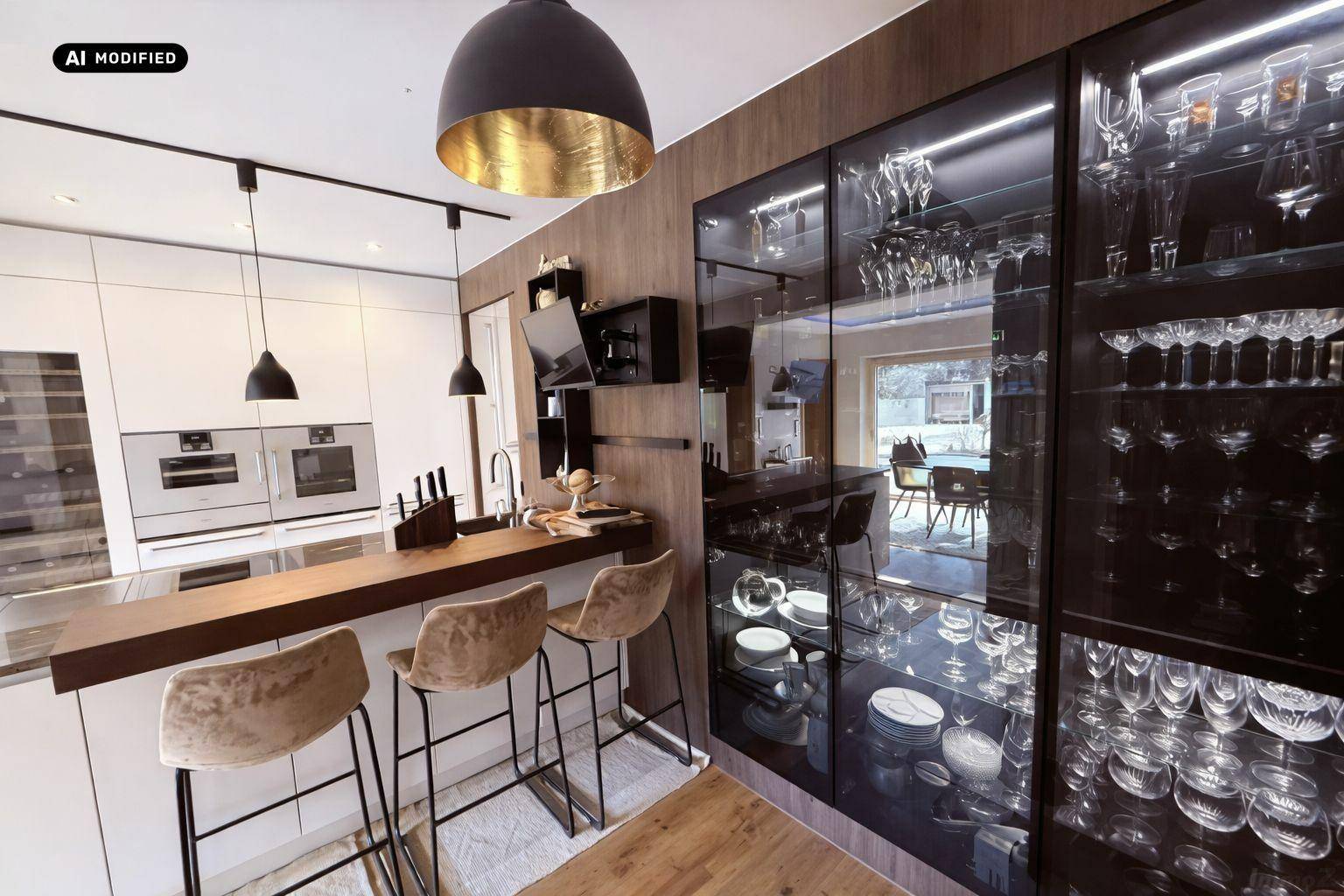 Moderne Küche mit Kochinsel, integrierten Geräten und eleganten Glasvitrinen für Geschirr.