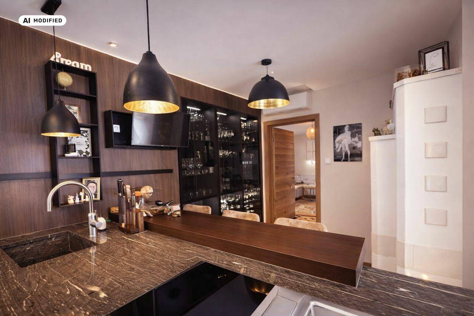 Elegante Küche mit dunkler Granitarbeitsplatte, integriertem Spülbecken und Bartheke.
