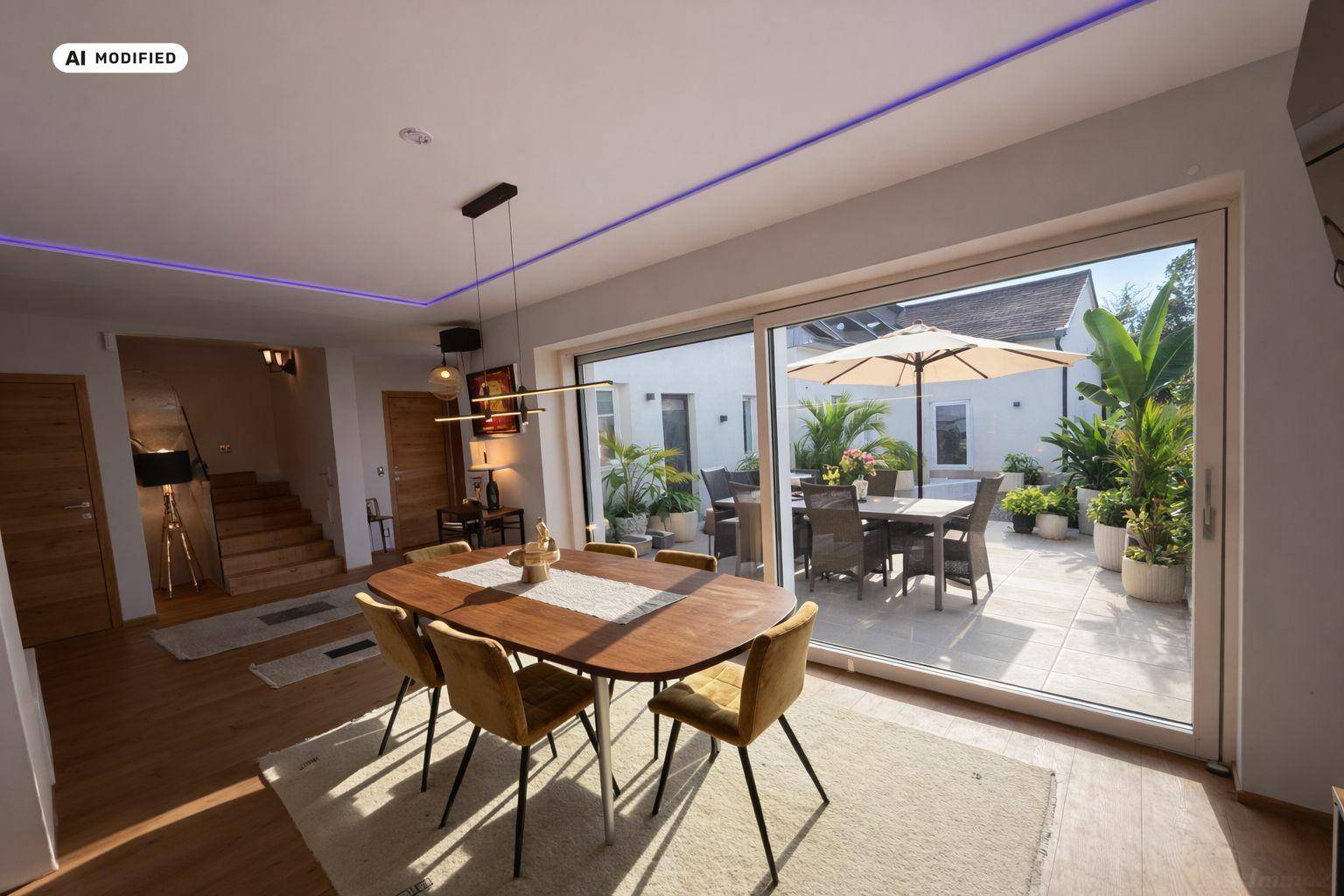 Heller Essbereich mit Holztisch, modernen Stühlen und großem Schiebefenster zur Terrasse.