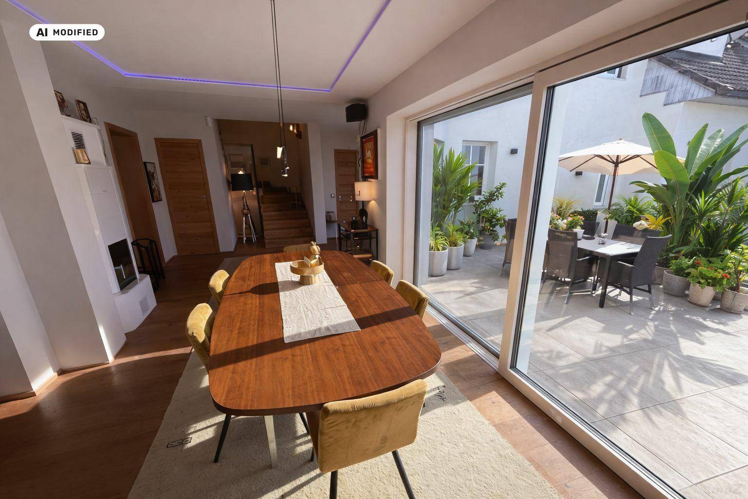 Geräumiger Essbereich mit Holztisch, modernen Stühlen und Blick auf die begrünte Terrasse.