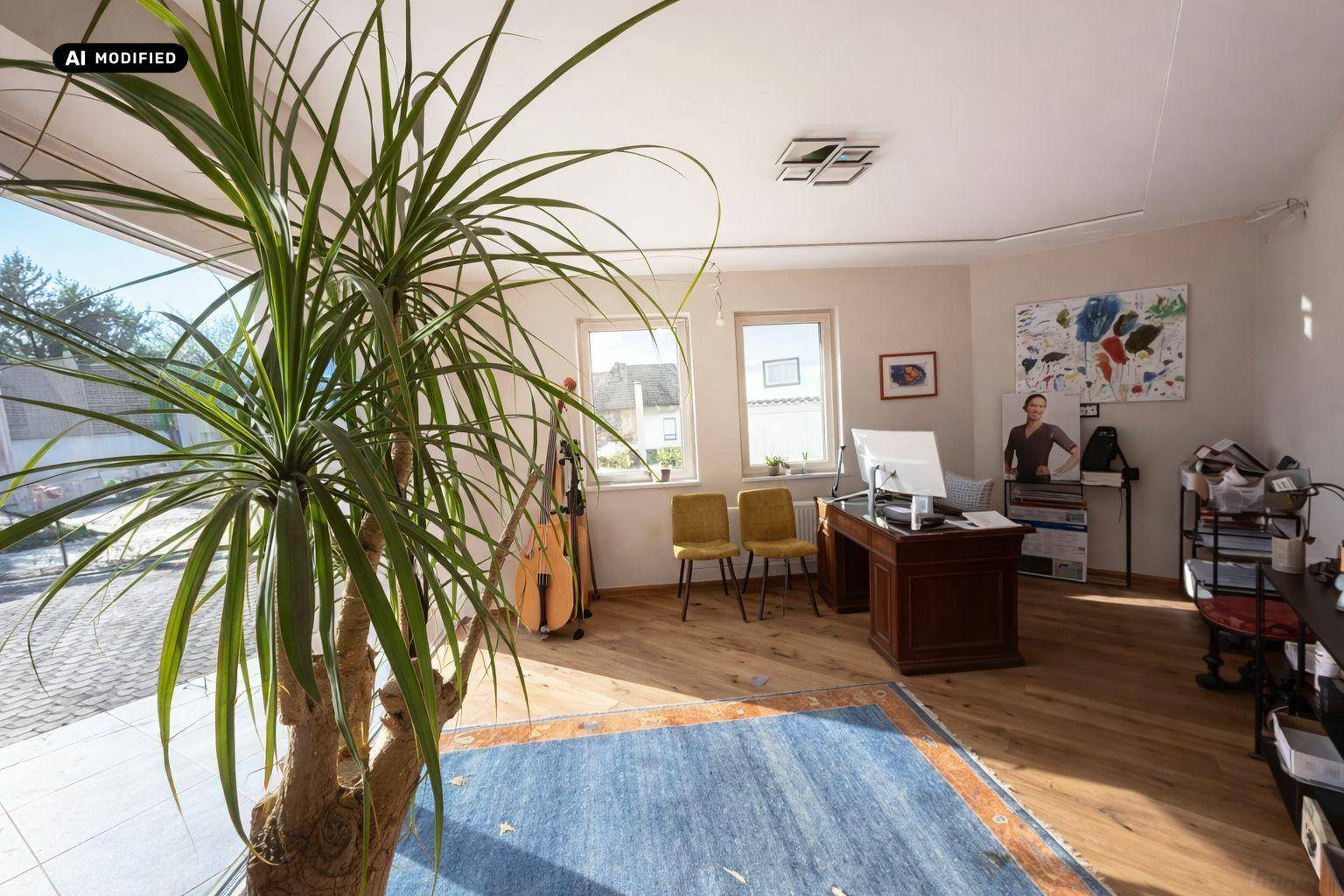 Helles Büro mit Holzboden, Schreibtisch und großen Fenstern, die viel Licht hereinlassen.