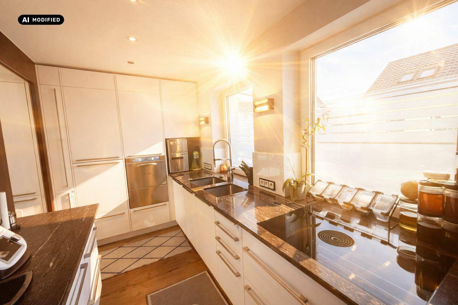Sonnige Küche mit weißen Schränken, dunkler Arbeitsplatte und großem Fenster mit viel Tageslicht.