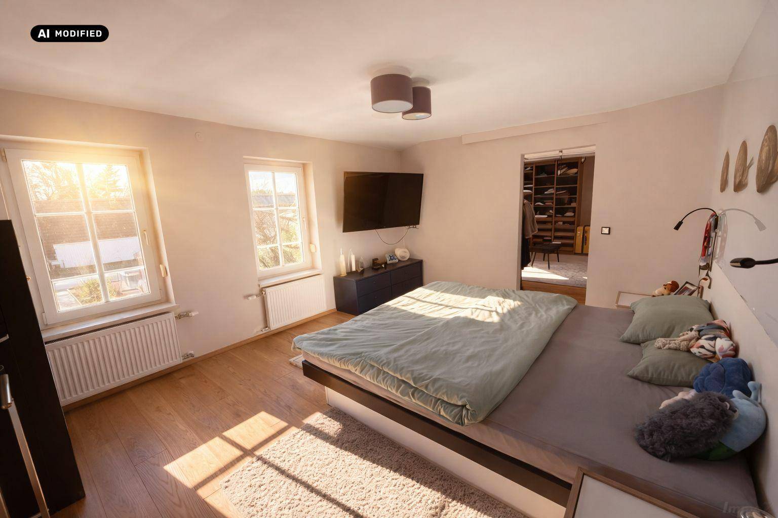 Helles Schlafzimmer mit Holzboden, großem Bett und Zugang zu einem begehbaren Kleiderschrank.