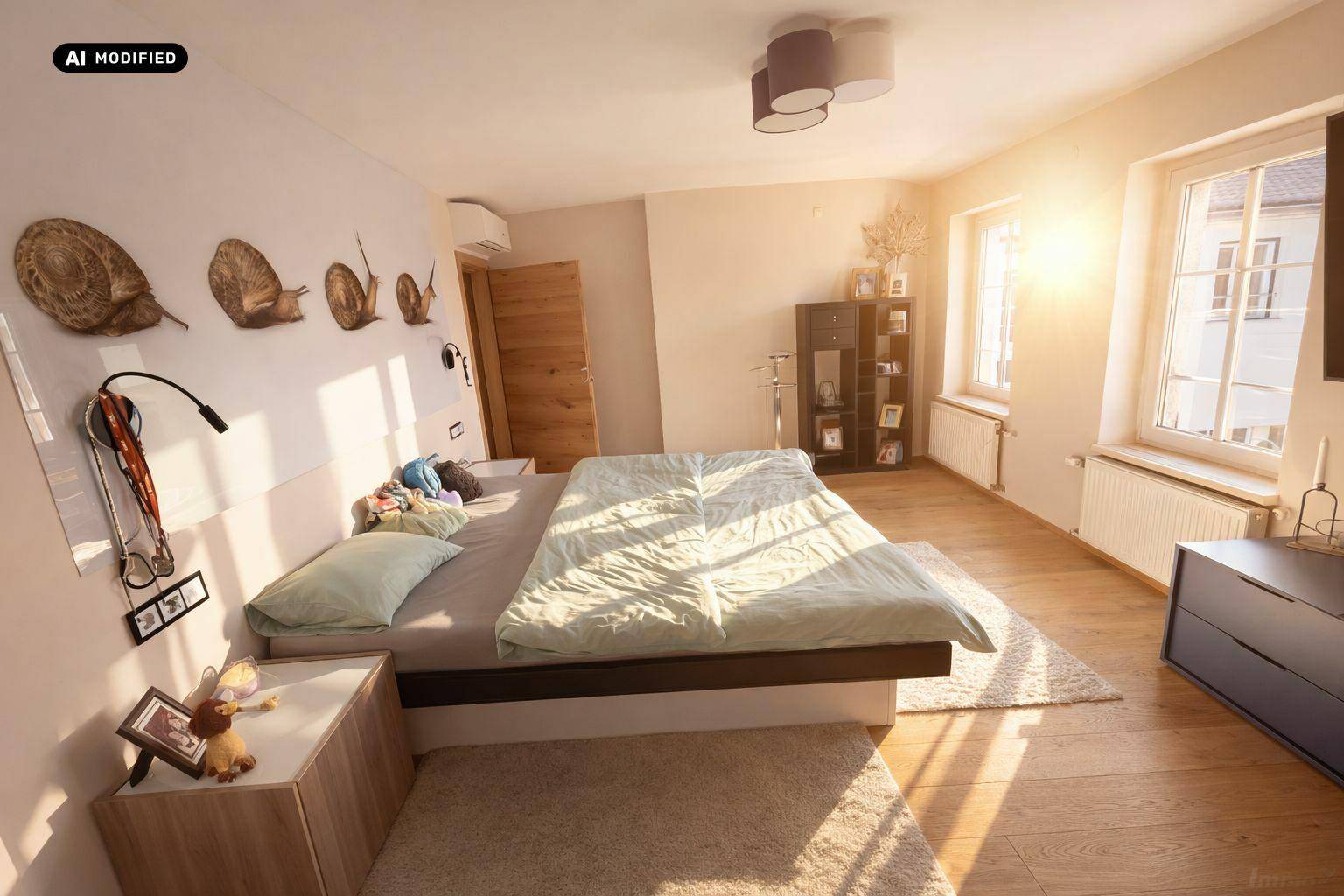 Helles Schlafzimmer mit Holzboden, großen Fenstern und modernem Bettgestell.