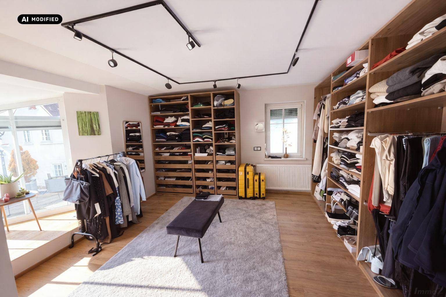 Geräumiger begehbarer Kleiderschrank mit viel Stauraum und Holzböden.