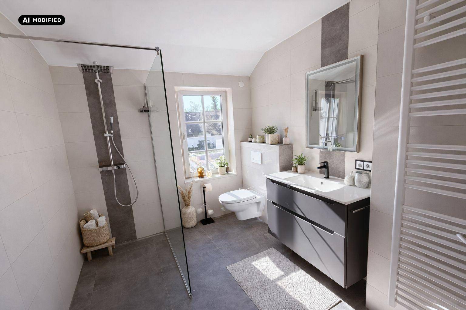 Modernes Badezimmer mit ebenerdiger Dusche, großformatigen Fliesen und Fenster.
