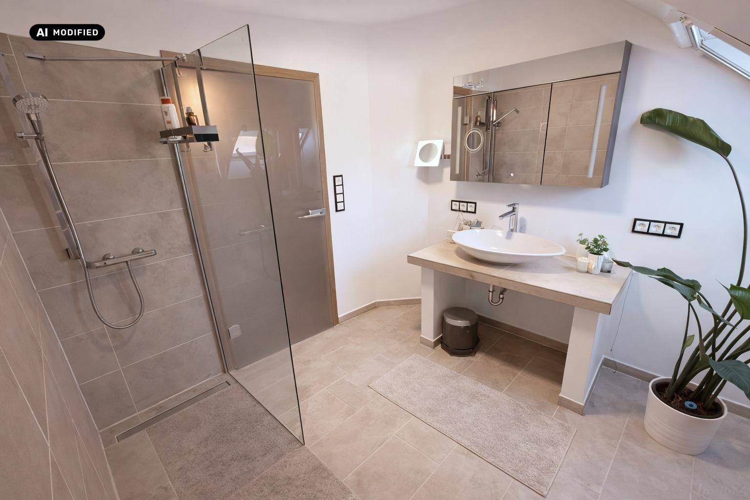 Helles Badezimmer mit begehbarer Dusche, modernem Waschtisch und Dachschräge.