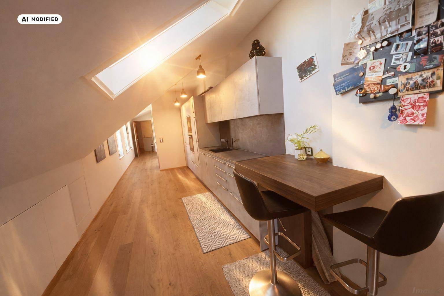 Moderne Küche mit Frühstücksbar, Dachfenster und Holzboden in offenem Wohnbereich.