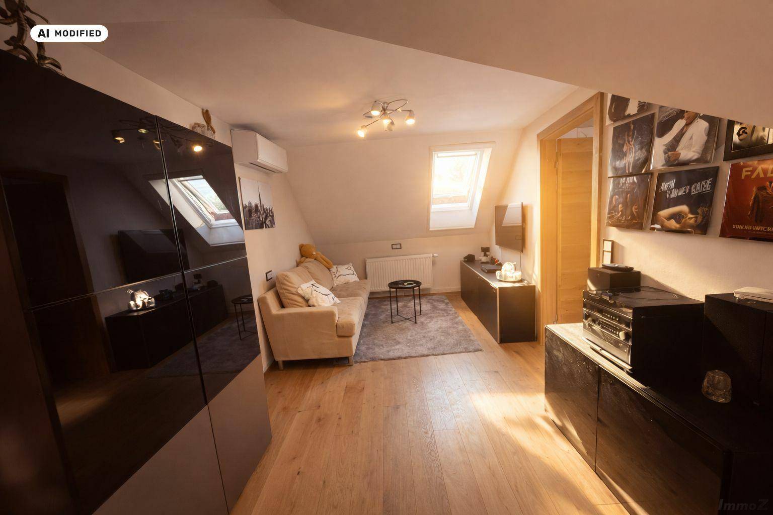 Gemütliches Wohnzimmer mit Sofa, Holzboden und Dachschräge, ideal zum Entspannen.