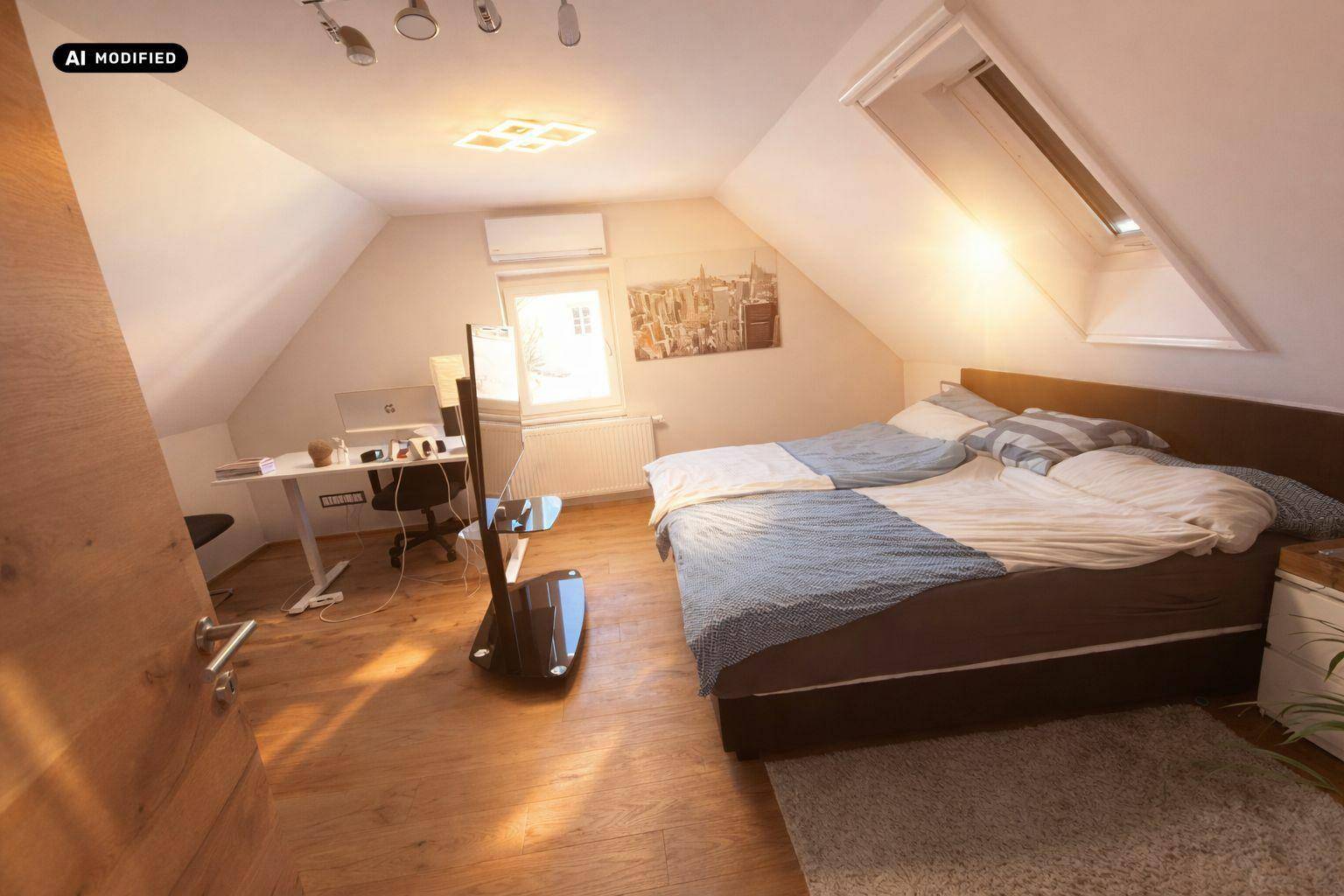 Schlafzimmer mit Holzboden, Dachschräge, Dachfenster und Schreibtischbereich.