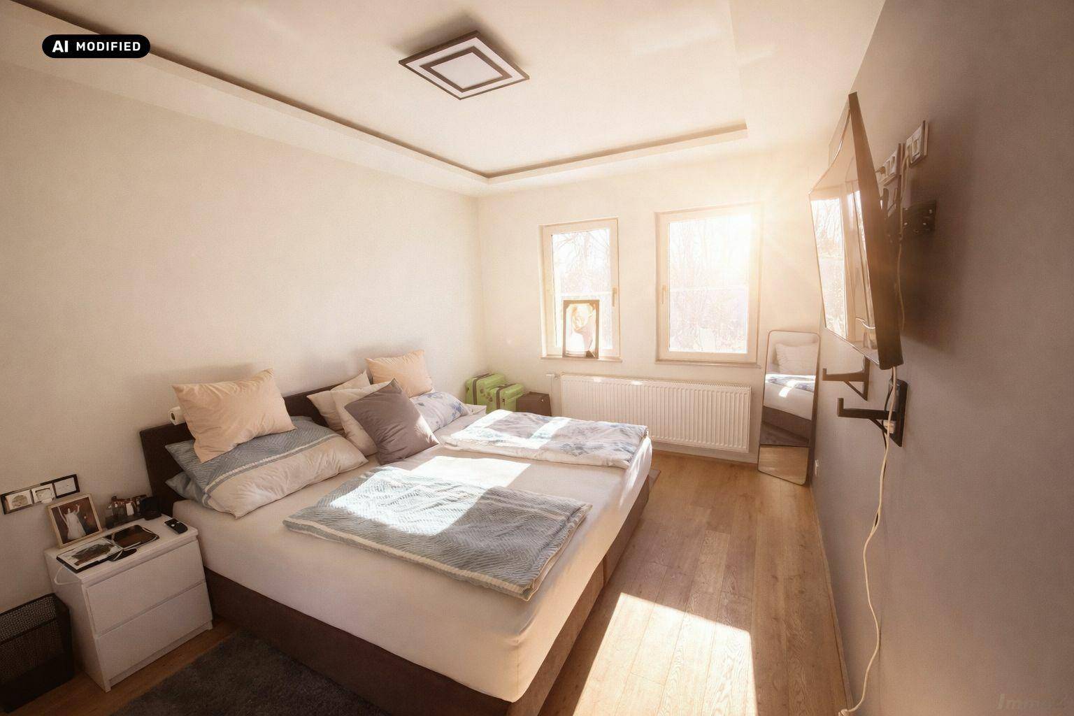 Helles Schlafzimmer mit Holzboden, großen Fenstern und modernem Bett.