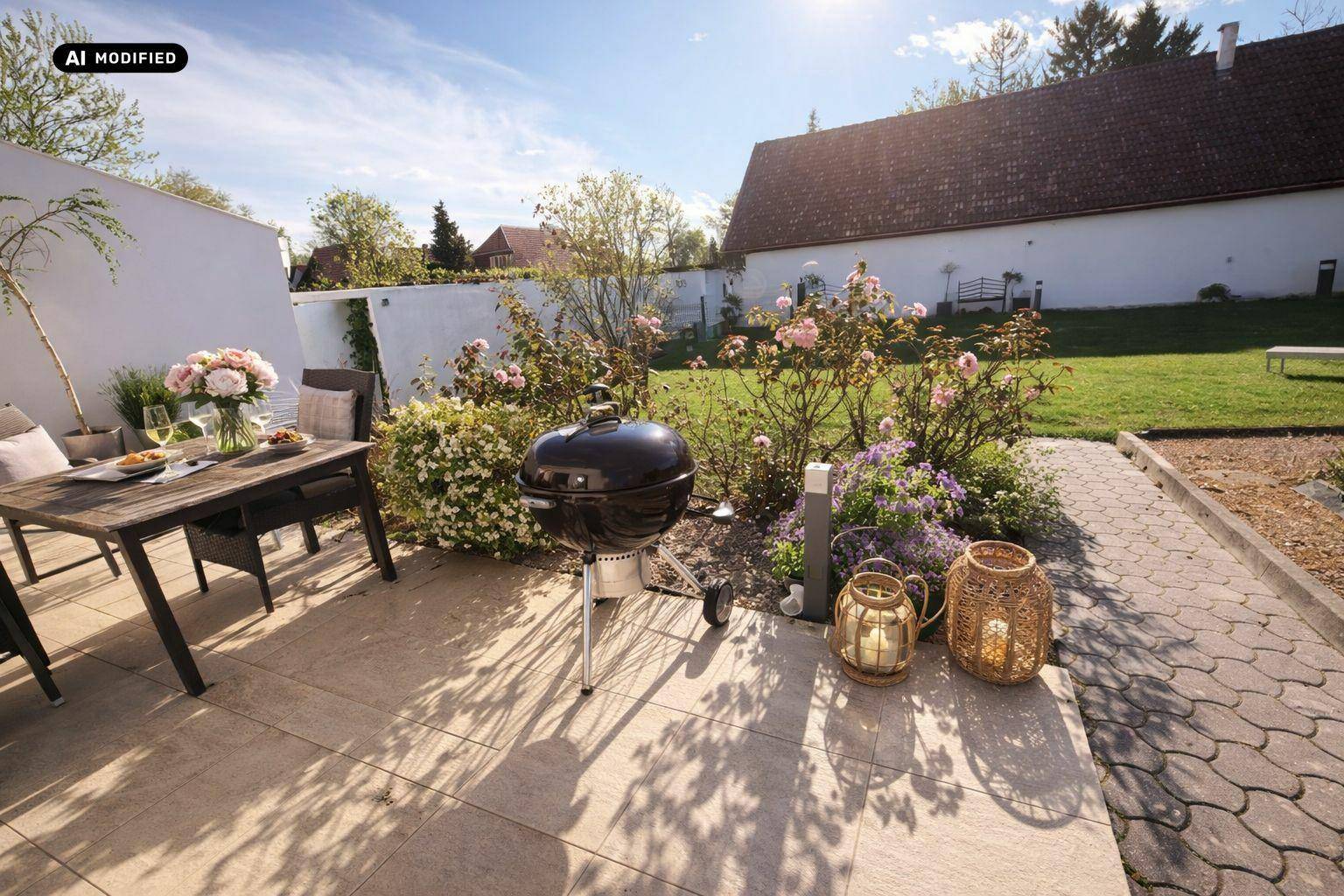Sonniger Terrassenbereich mit Grill, Gartenmöbeln und blühenden Rosenbeeten.