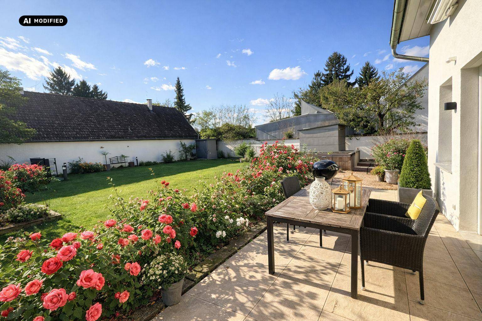 Großer Garten mit Rasenfläche, blühenden Rosen und einer möblierten Terrasse.
