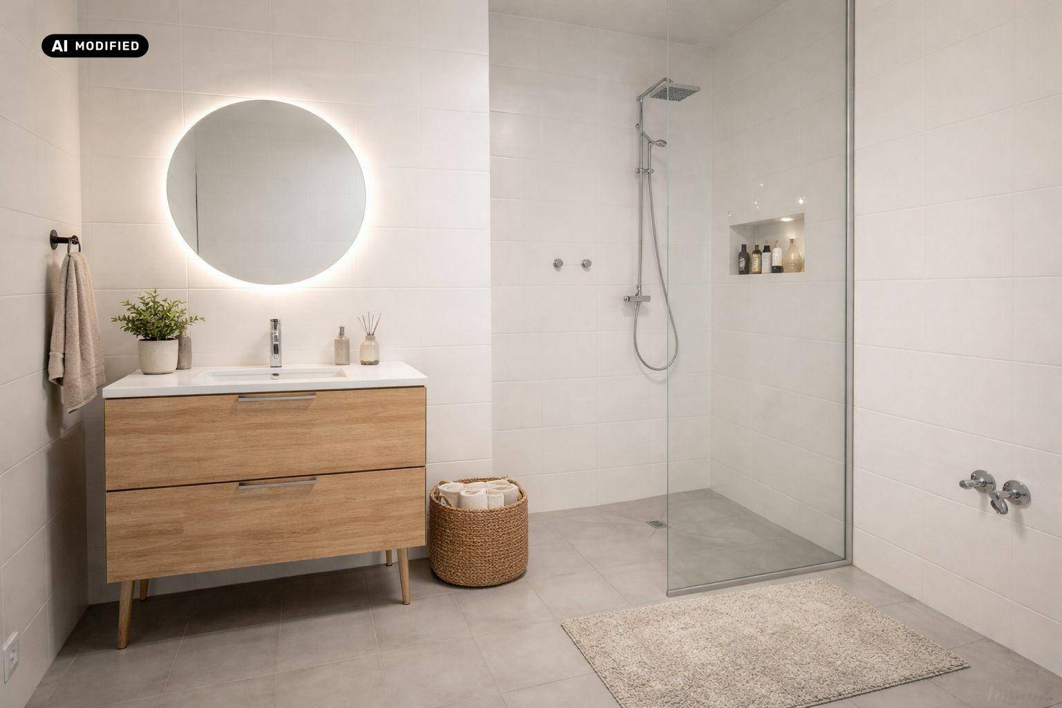 Modernes Badezimmer mit begehbarer Dusche, beleuchtetem Spiegel und Holzwaschtisch.