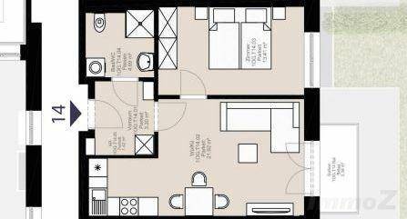 Grundriss einer Wohnung mit einem Schlafzimmer, Bad und offenem Wohnbereich.