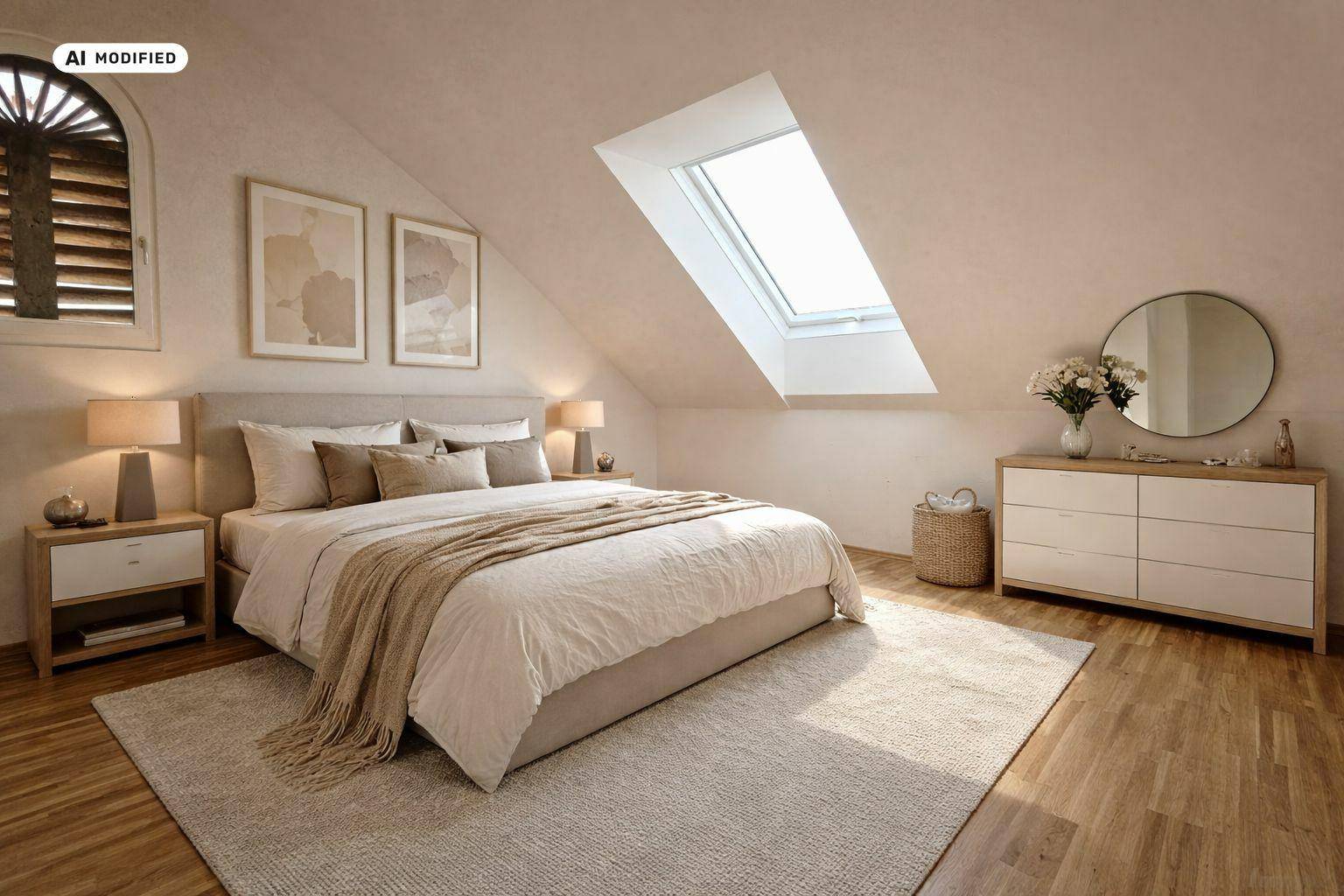 Gemütliches Schlafzimmer im Dachgeschoss mit Dachfenster, Holzboden und einem dekorativen Rundbogenfenster.