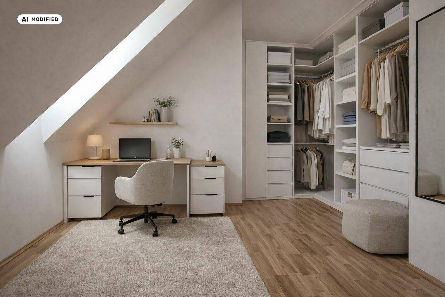 Funktionaler Arbeitsbereich im Dachgeschoss mit integriertem begehbarem Kleiderschrank und Holzboden.