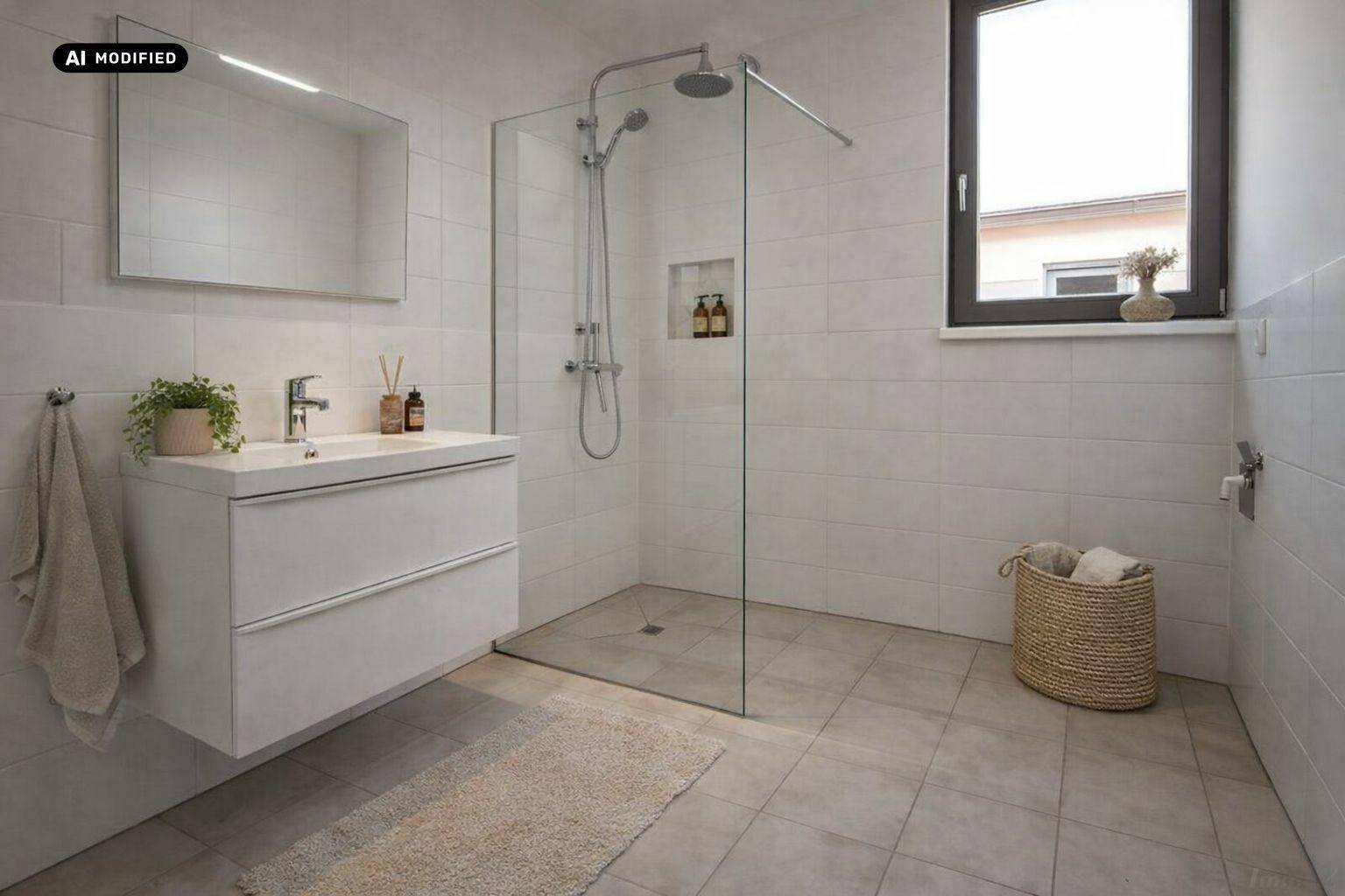 Modernes Badezimmer mit ebenerdiger Dusche, schwebendem Waschtisch und einem Fenster für Tageslicht.