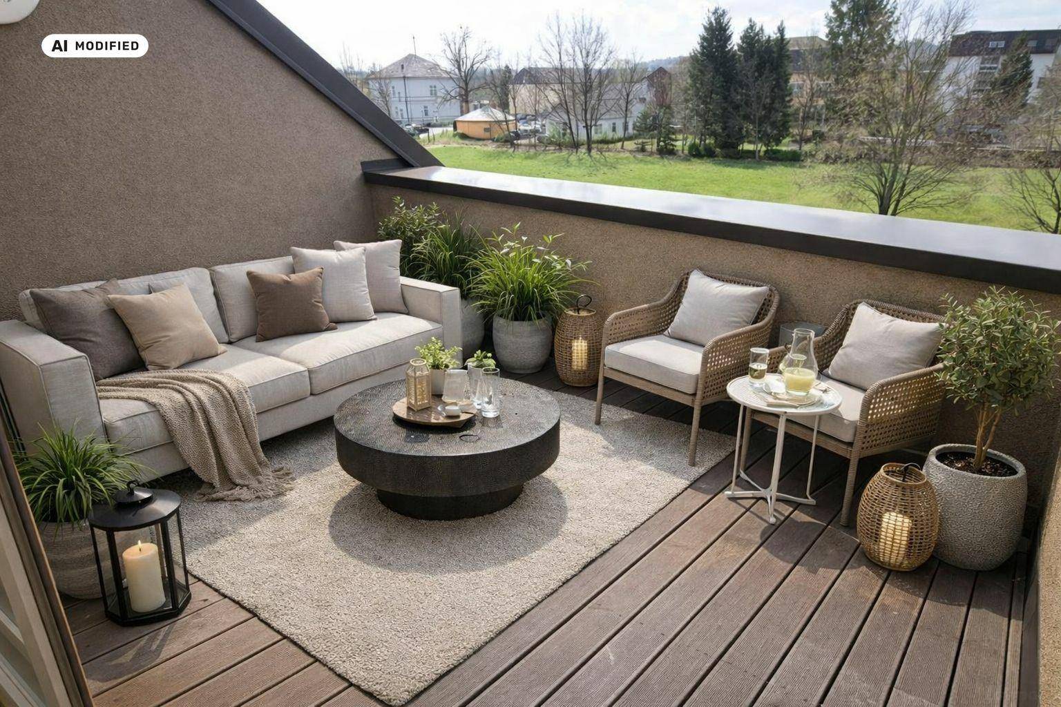Gemütliche möblierte Terrasse mit Holzboden und weitem Blick ins Grüne.